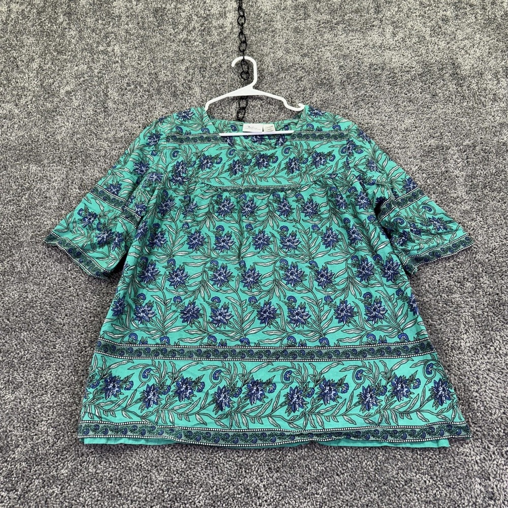 The Vermont Country Store Blouse Womens L Green Blue Floral Tunic Cotton Casual